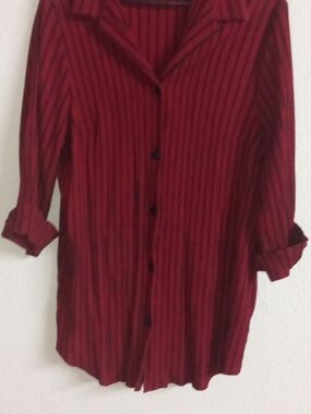 Maggie Barnes Plus Size Burgundy Red and Black Striped Button-Down Shirt